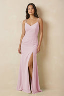 Sheath Cami Strap Chiffon Bridesmaid Dress with Slit in Candy Pink - KissProm Bridesmaid Dresses