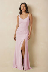 Sheath Cami Strap Chiffon Bridesmaid Dress with Slit in Candy Pink - KissProm Bridesmaid Dresses