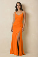 Sheath Cami Strap Chiffon Bridesmaid Dress with Slit in Cinnamon - KissProm Bridesmaid Dresses
