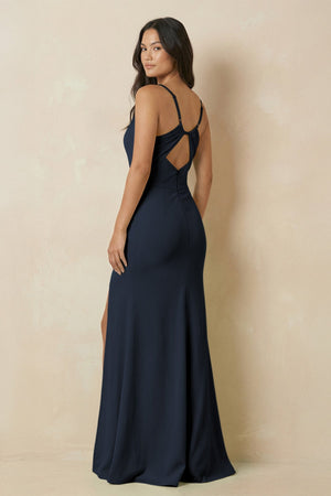 Sheath Cami Strap Chiffon Bridesmaid Dress with Slit in Dark Navy - KissProm Bridesmaid Dresses