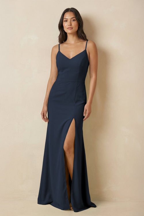 Sheath Cami Strap Chiffon Bridesmaid Dress with Slit in Dark Navy - KissProm Bridesmaid Dresses