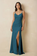 Sheath Cami Strap Chiffon Bridesmaid Dress with Slit in Dark Teal - KissProm Bridesmaid Dresses