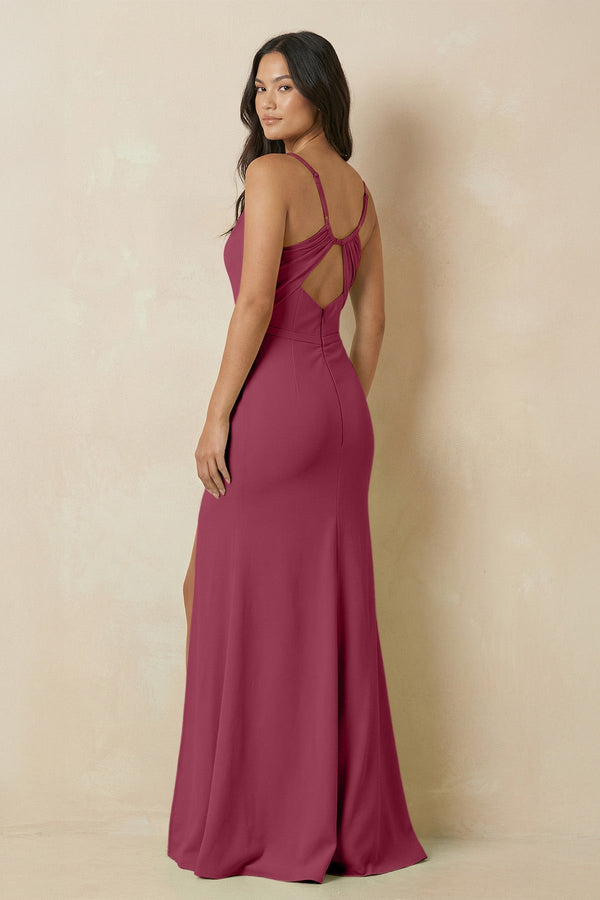Sheath Cami Strap Chiffon Bridesmaid Dress with Slit in Desert Rose - KissProm Bridesmaid Dresses