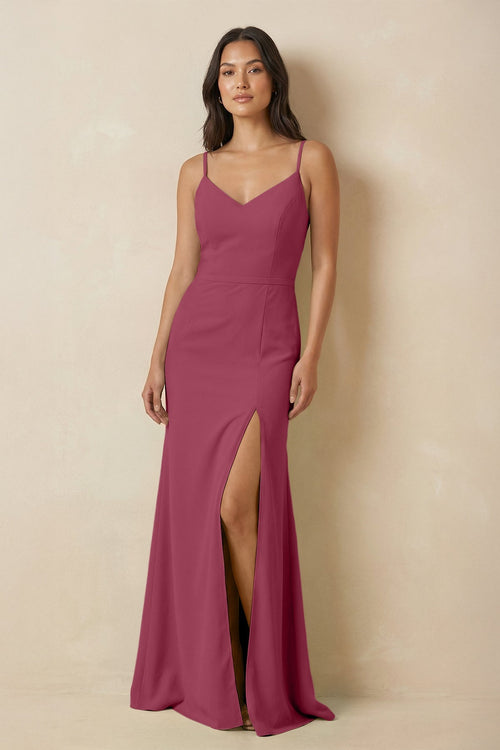 Sheath Cami Strap Chiffon Bridesmaid Dress with Slit in Desert Rose - KissProm Bridesmaid Dresses