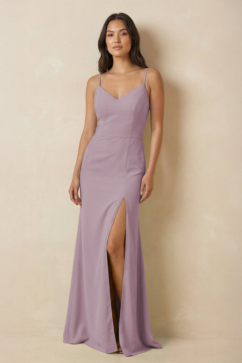 Sheath Cami Strap Chiffon Bridesmaid Dress with Slit in Dusk - KissProm Bridesmaid Dresses