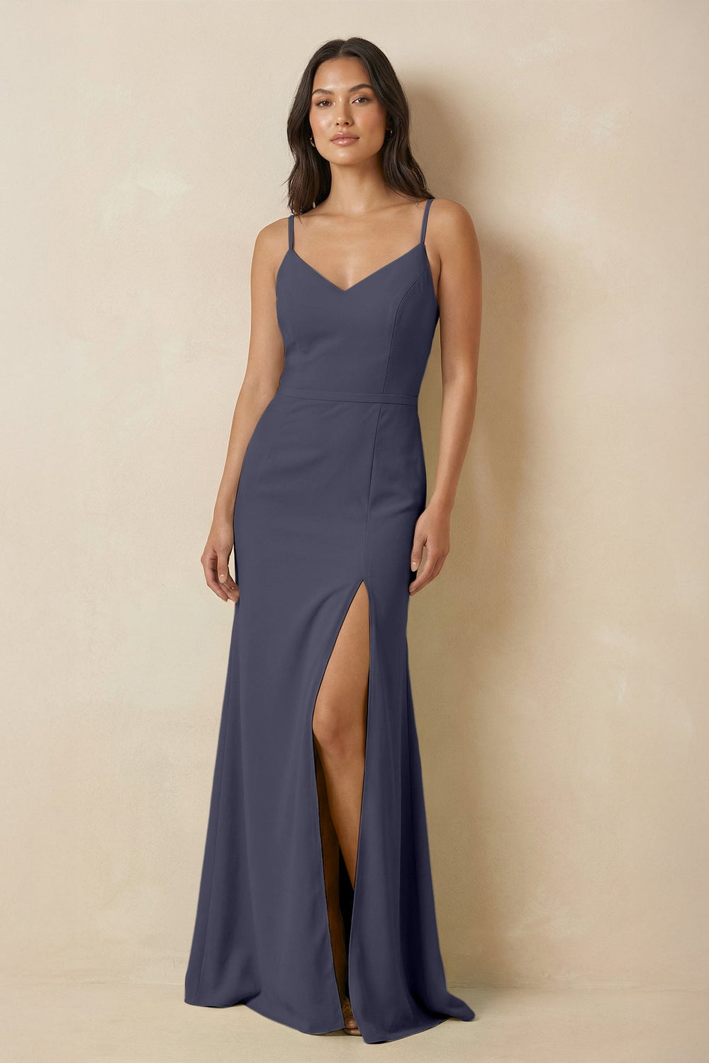 Sheath Cami Strap Chiffon Bridesmaid Dress with Slit in Dusk Blue - KissProm Bridesmaid Dresses