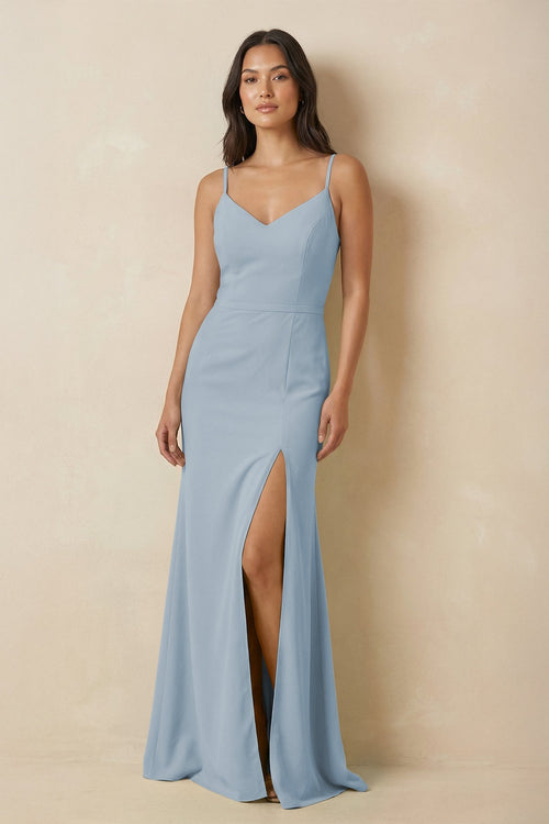 Sheath Cami Strap Chiffon Bridesmaid Dress with Slit in Dusty Blue - KissProm Bridesmaid Dresses