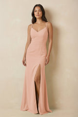 Sheath Cami Strap Chiffon Bridesmaid Dress with Slit in English Rose - KissProm Bridesmaid Dresses