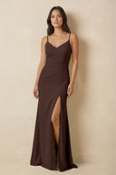 Sheath Cami Strap Chiffon Bridesmaid Dress with Slit in Espresso - KissProm Bridesmaid Dresses