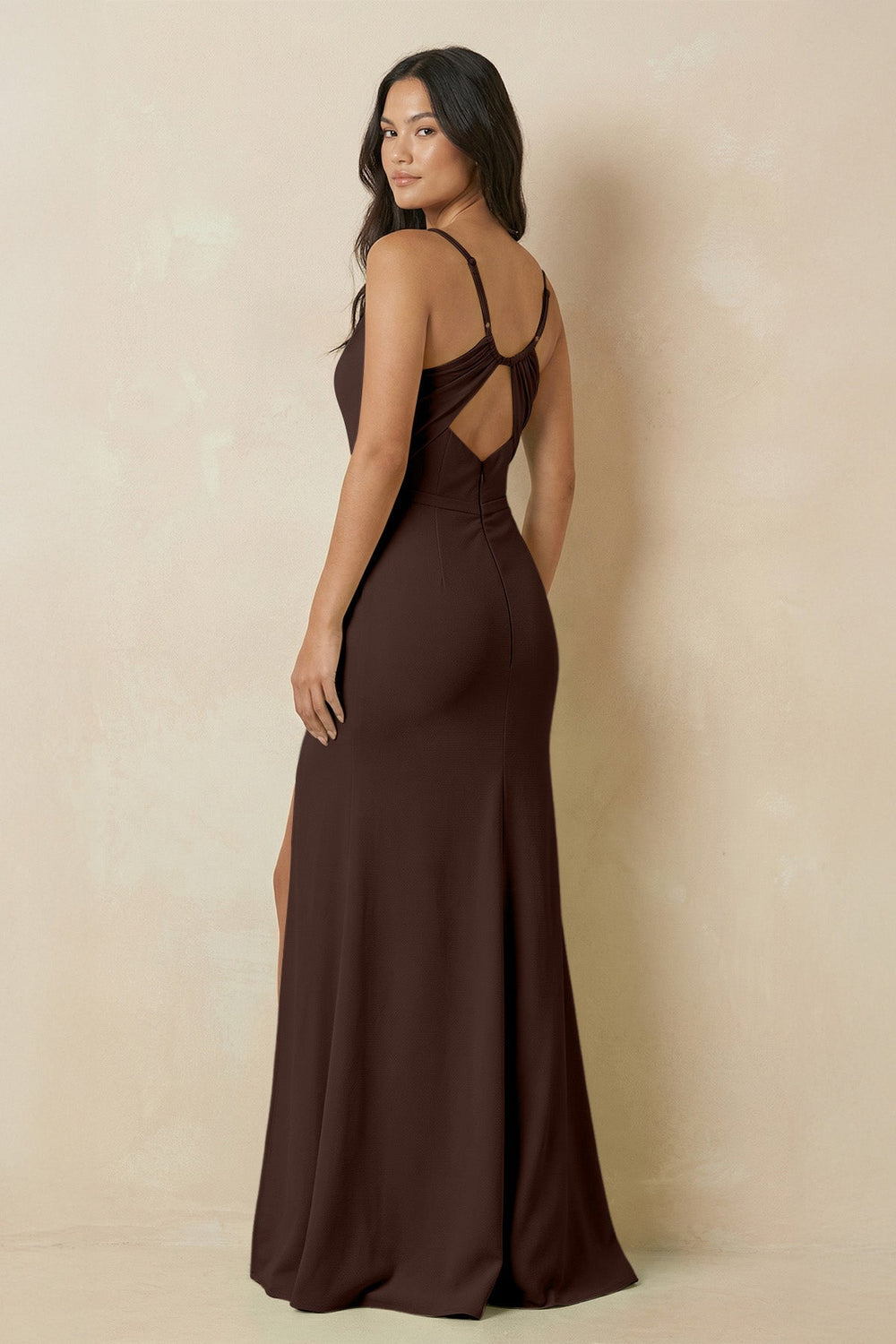 Sheath Cami Strap Chiffon Bridesmaid Dress with Slit in Espresso - KissProm Bridesmaid Dresses