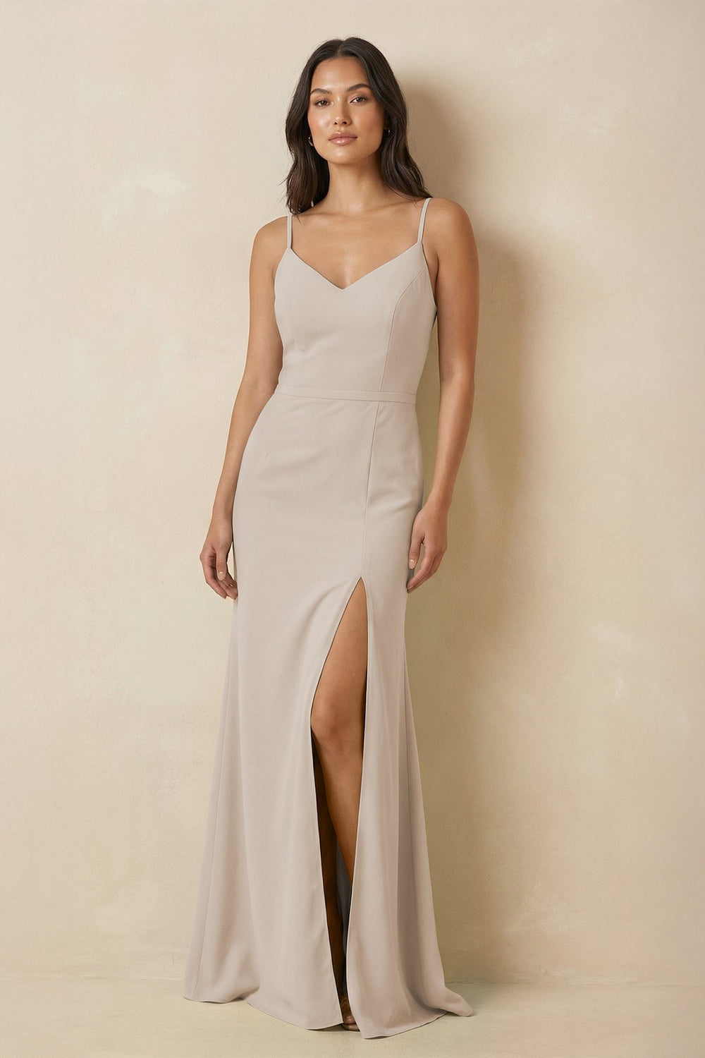 Sheath Cami Strap Chiffon Bridesmaid Dress with Slit in Frost - KissProm Bridesmaid Dresses