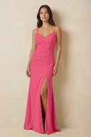 Sheath Cami Strap Chiffon Bridesmaid Dress with Slit in Fuchsia - KissProm Bridesmaid Dresses