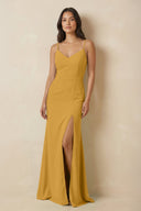 Sheath Cami Strap Chiffon Bridesmaid Dress with Slit in Marigold - KissProm Bridesmaid Dresses