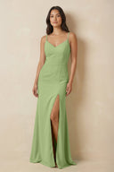 Sheath Cami Strap Chiffon Bridesmaid Dress with Slit in Matcha - KissProm Bridesmaid Dresses