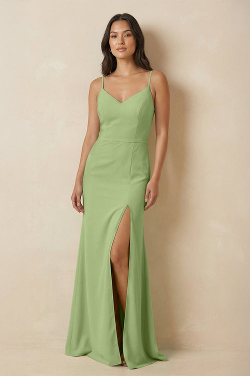 Sheath Cami Strap Chiffon Bridesmaid Dress with Slit in Matcha - KissProm Bridesmaid Dresses