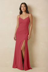 Sheath Cami Strap Chiffon Bridesmaid Dress with Slit in Merlot - KissProm Bridesmaid Dresses