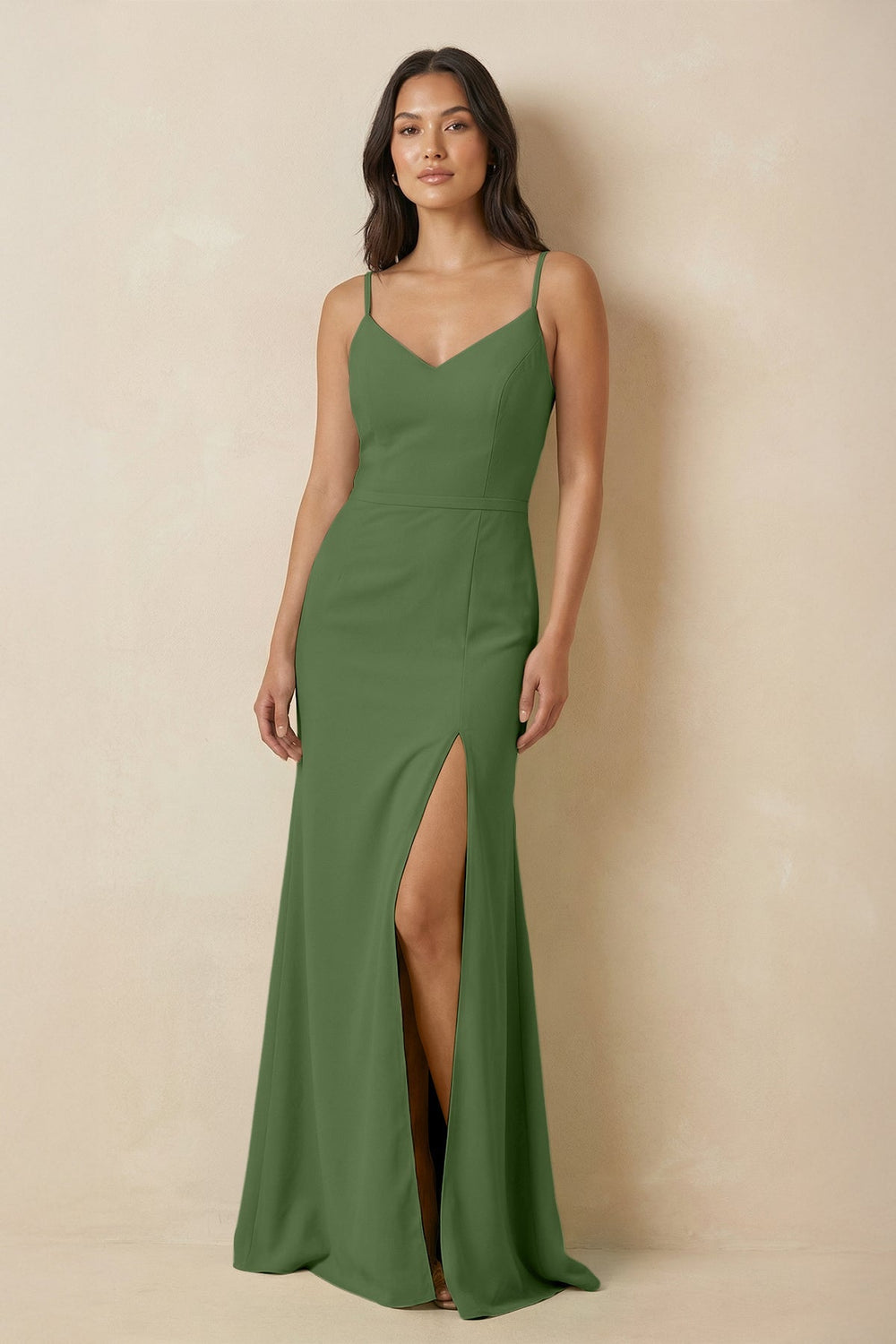 Sheath Cami Strap Chiffon Bridesmaid Dress with Slit in Moss - KissProm Bridesmaid Dresses