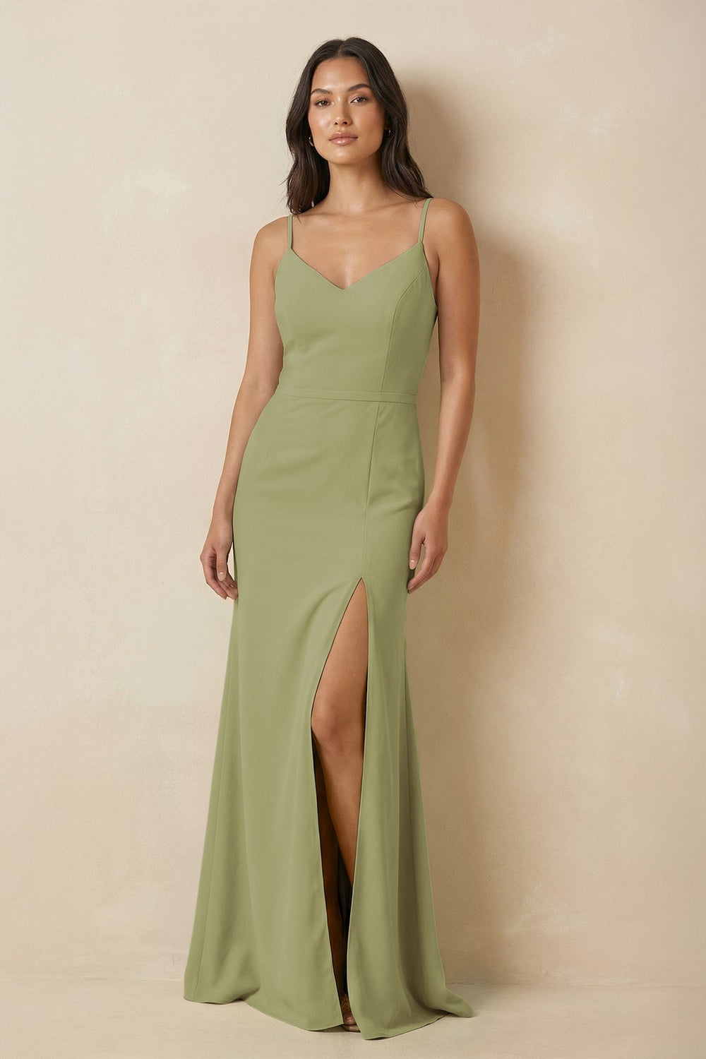 Sheath Cami Strap Chiffon Bridesmaid Dress with Slit in Moss Green - KissProm Bridesmaid Dresses