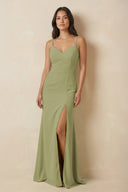 Sheath Cami Strap Chiffon Bridesmaid Dress with Slit in Moss Green - KissProm Bridesmaid Dresses