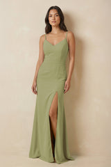 Sheath Cami Strap Chiffon Bridesmaid Dress with Slit in Moss Green - KissProm Bridesmaid Dresses
