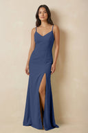 Sheath Cami Strap Chiffon Bridesmaid Dress with Slit in Navy - KissProm Bridesmaid Dresses