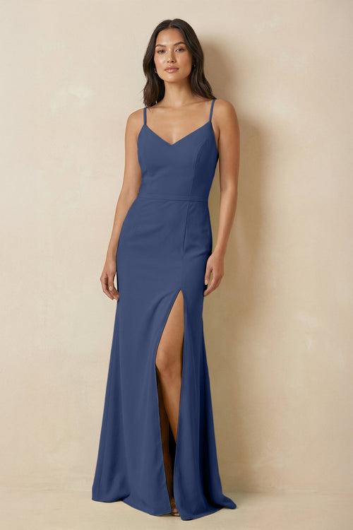 Sheath Cami Strap Chiffon Bridesmaid Dress with Slit in Navy - KissProm Bridesmaid Dresses