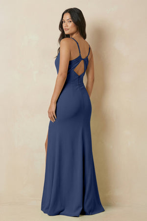 Sheath Cami Strap Chiffon Bridesmaid Dress with Slit in Navy - KissProm Bridesmaid Dresses