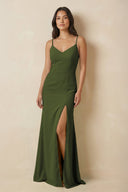 Sheath Cami Strap Chiffon Bridesmaid Dress with Slit in Olive - KissProm Bridesmaid Dresses