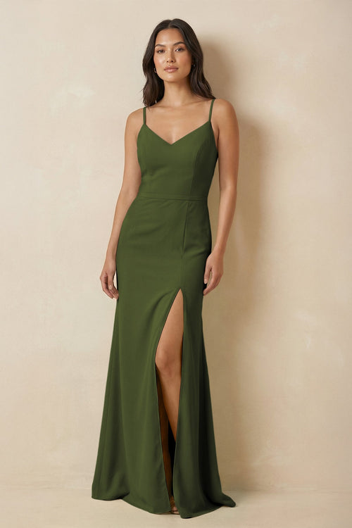 Sheath Cami Strap Chiffon Bridesmaid Dress with Slit in Olive, Olive / 6 Sheath Cami Strap Chiffon Bridesmaid Dress with Slit in Olive, Olive / 6