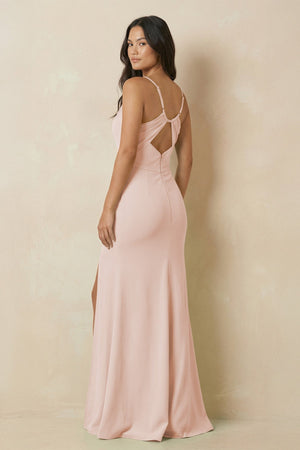 Sheath Cami Strap Chiffon Bridesmaid Dress with Slit in Pale Blush - KissProm Bridesmaid Dresses