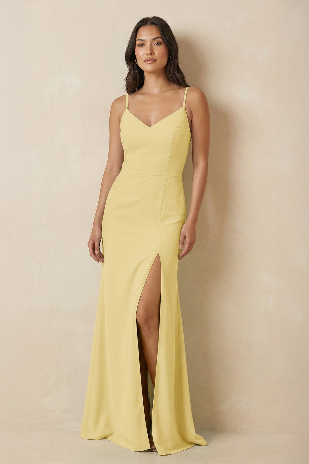 Sheath Cami Strap Chiffon Bridesmaid Dress with Slit in Pastel Yellow - KissProm Bridesmaid Dresses