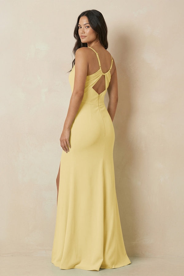 Sheath Cami Strap Chiffon Bridesmaid Dress with Slit in Pastel Yellow - KissProm Bridesmaid Dresses