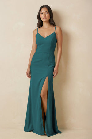 Sheath Cami Strap Chiffon Bridesmaid Dress with Slit in Pine - KissProm Bridesmaid Dresses