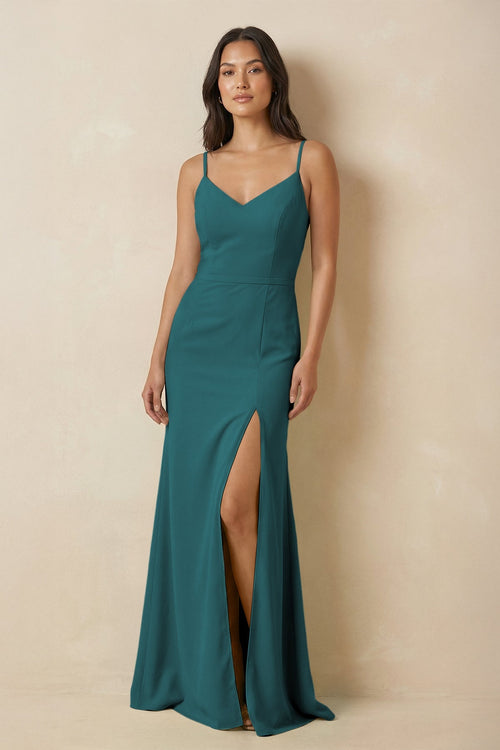 Sheath Cami Strap Chiffon Bridesmaid Dress with Slit in Pine - KissProm Bridesmaid Dresses