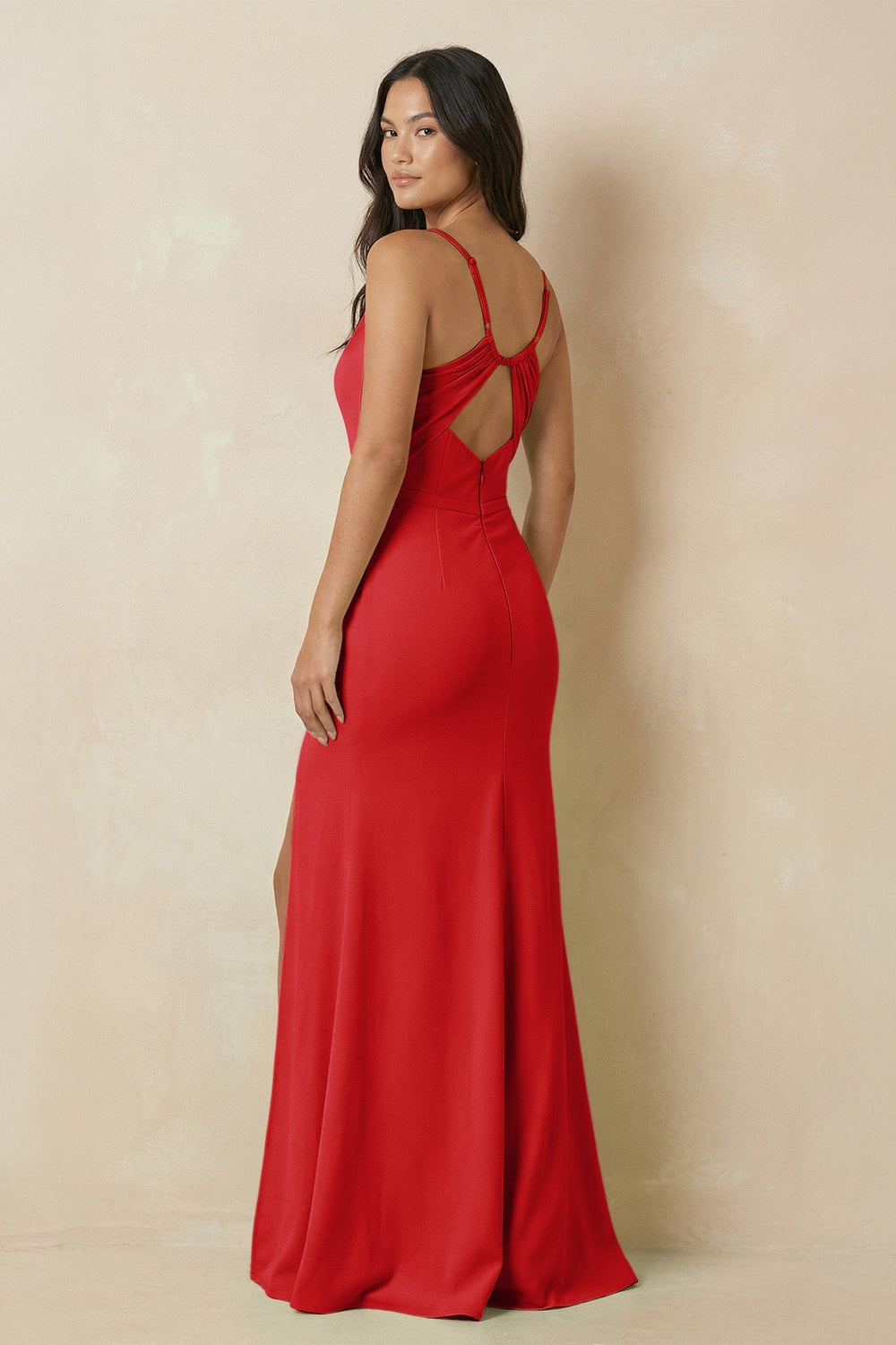 Sheath Cami Strap Chiffon Bridesmaid Dress with Slit in Ruby Red - KissProm Bridesmaid Dresses