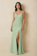 Sheath Cami Strap Chiffon Bridesmaid Dress with Slit in Sage - KissProm Bridesmaid Dresses