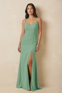 Sheath Cami Strap Chiffon Bridesmaid Dress with Slit in Sea Glass - KissProm Bridesmaid Dresses