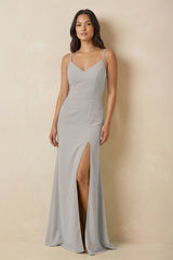 Sheath Cami Strap Chiffon Bridesmaid Dress with Slit in Silver - KissProm Bridesmaid Dresses