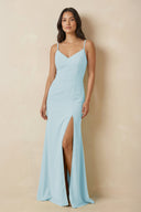 Sheath Cami Strap Chiffon Bridesmaid Dress with Slit in Sky Blue - KissProm Bridesmaid Dresses