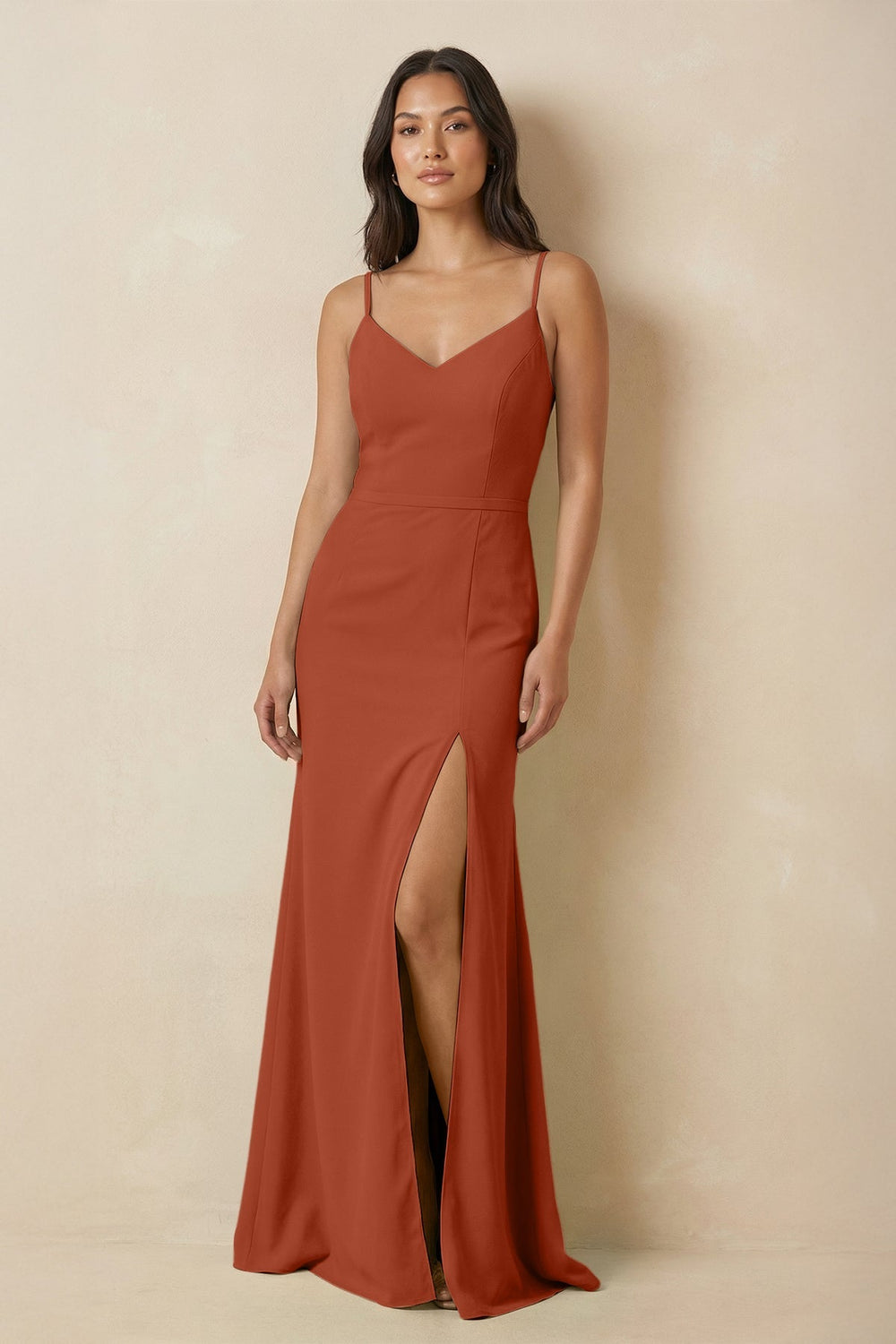 Sheath Cami Strap Chiffon Bridesmaid Dress with Slit in Spice - KissProm Bridesmaid Dresses