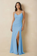 Sheath Cami Strap Chiffon Bridesmaid Dress with Slit in Steel Blue - KissProm Bridesmaid Dresses
