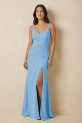 Sheath Cami Strap Chiffon Bridesmaid Dress with Slit in Steel Blue - KissProm Bridesmaid Dresses