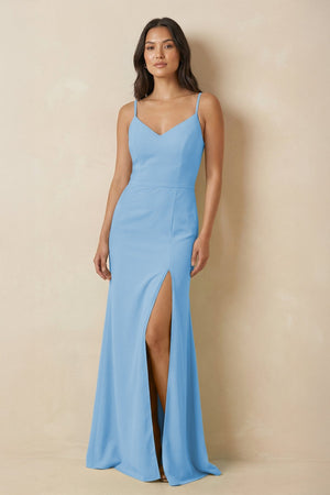 Sheath Cami Strap Chiffon Bridesmaid Dress with Slit in Steel Blue - KissProm Bridesmaid Dresses