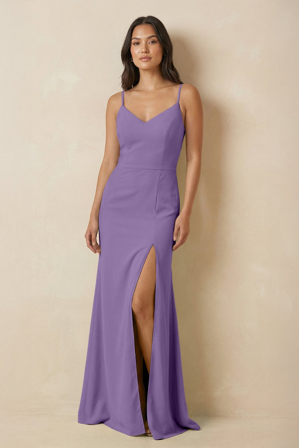 Sheath Cami Strap Chiffon Bridesmaid Dress with Slit in Tahiti - KissProm Bridesmaid Dresses