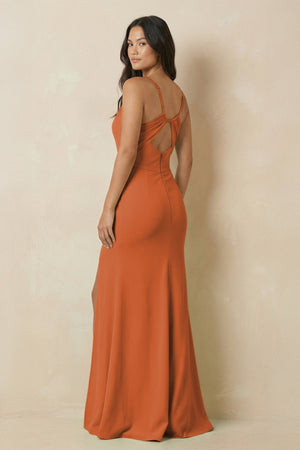 Sheath Cami Strap Chiffon Bridesmaid Dress with Slit in Terracotta - KissProm Bridesmaid Dresses