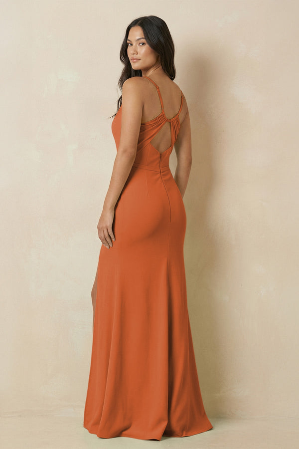 Sheath Cami Strap Chiffon Bridesmaid Dress with Slit in Terracotta - KissProm Bridesmaid Dresses