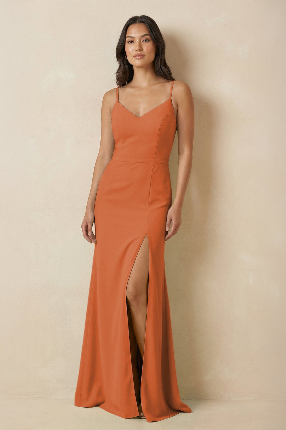 Sheath Cami Strap Chiffon Bridesmaid Dress with Slit in Terracotta - KissProm Bridesmaid Dresses