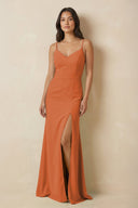 Sheath Cami Strap Chiffon Bridesmaid Dress with Slit in Terracotta - KissProm Bridesmaid Dresses