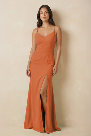 Sheath Cami Strap Chiffon Bridesmaid Dress with Slit in Terracotta - KissProm Bridesmaid Dresses