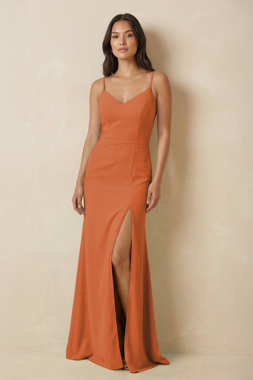 Sheath Cami Strap Chiffon Bridesmaid Dress with Slit in Terracotta - KissProm Bridesmaid Dresses